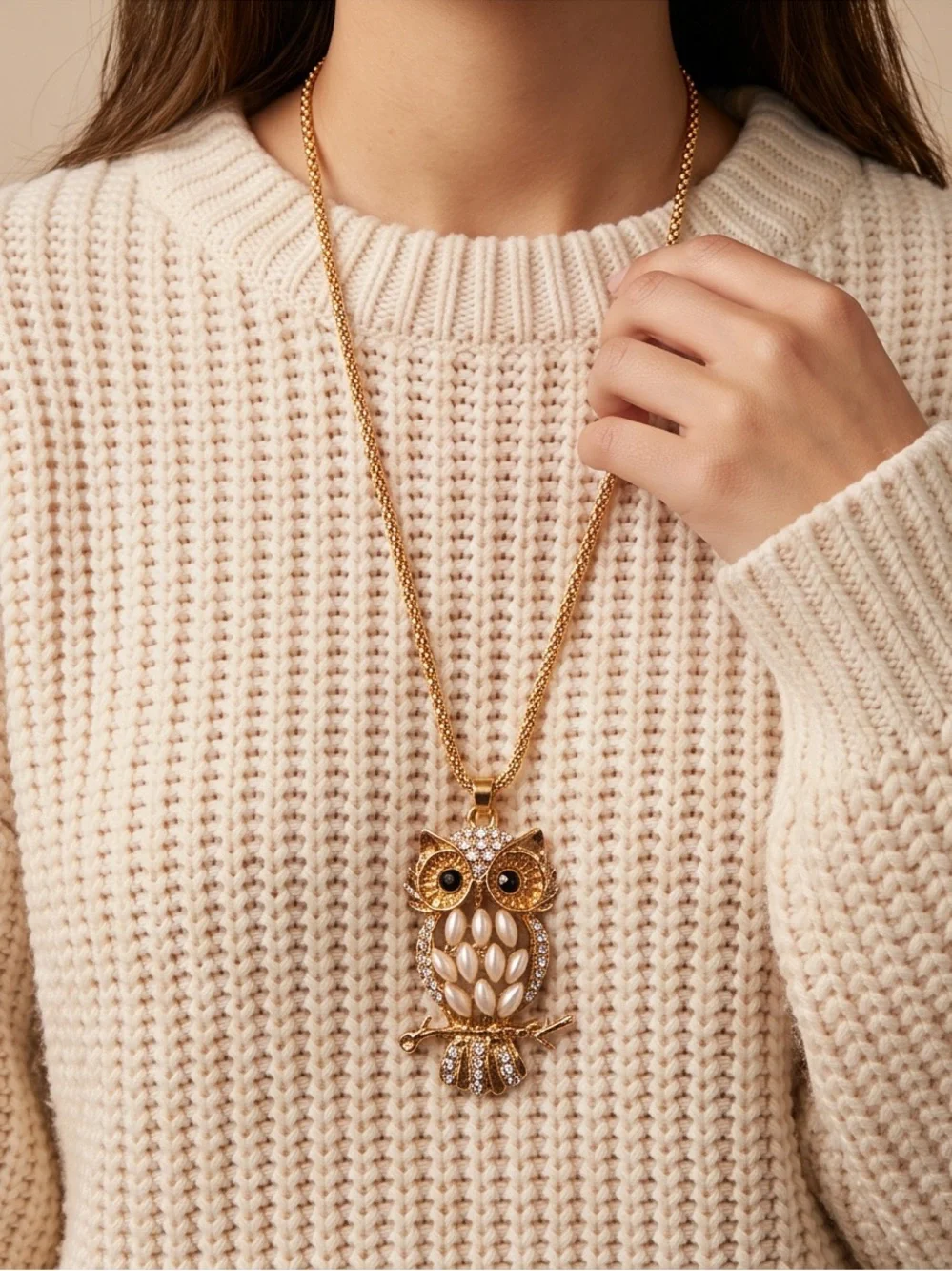 Gold-Tone Owl Pendant Necklace with Faux Pearls and Rhinestones NEW